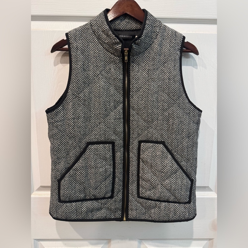 Women's Meerokeety Black White Herringbone Vest Zip Up With Pockets Size Medium